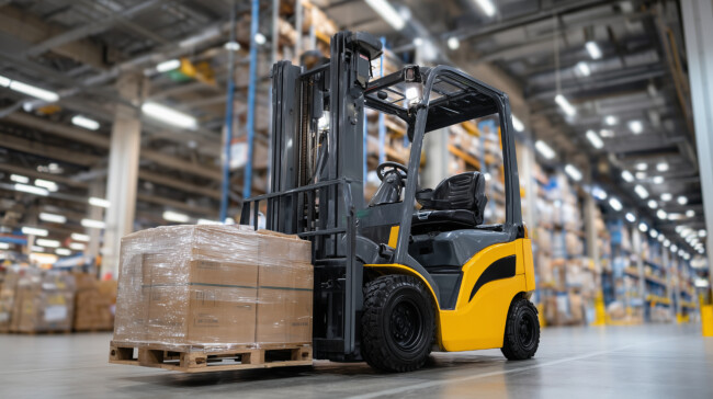 Cargo forklift operator stacking crates in large distribution center, high ceilings, industrial lighting, fast-paced warehouse environment